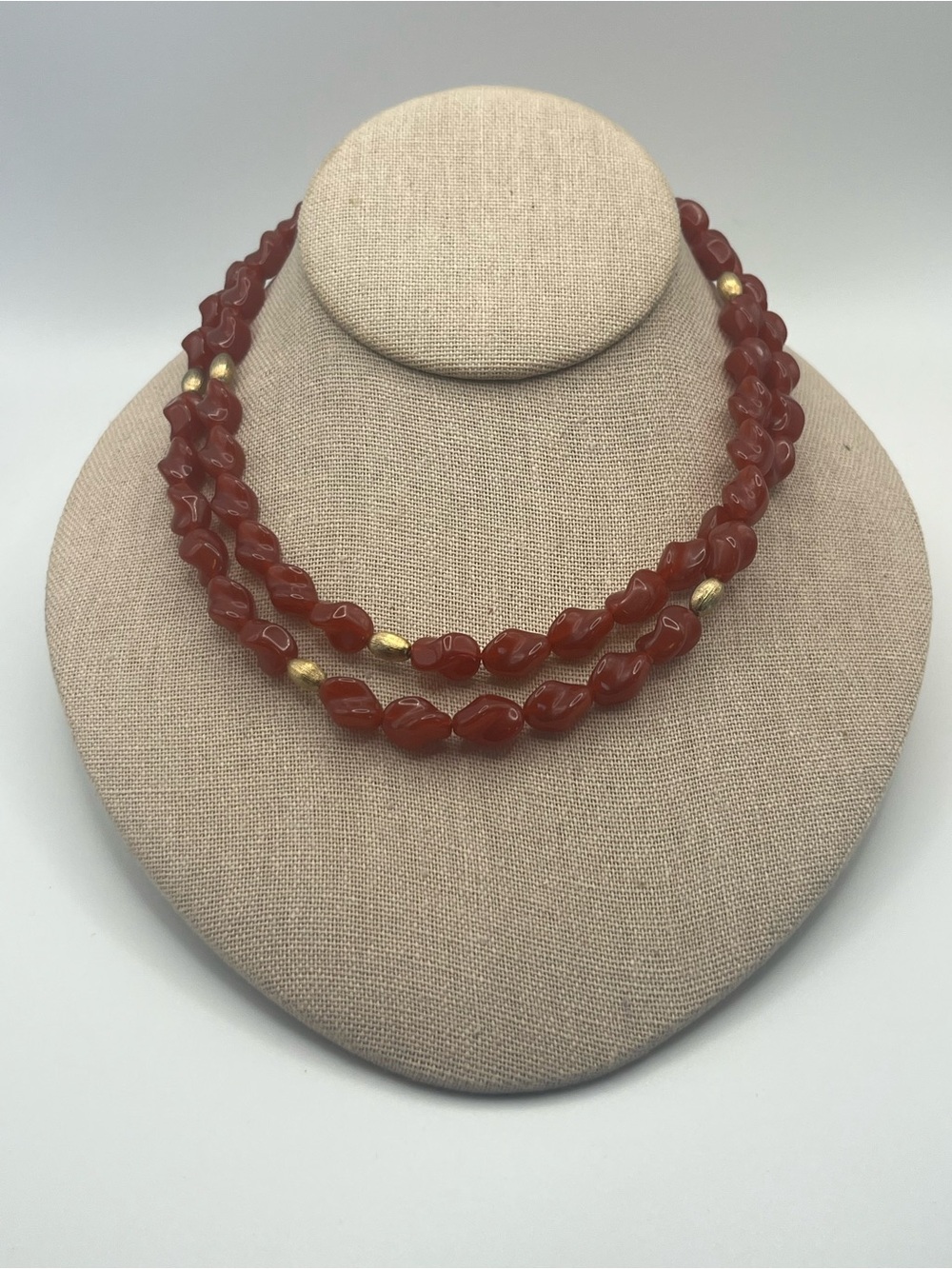 Vintage Burgundy Acrylic Beaded Necklace with Gold Accents - Red